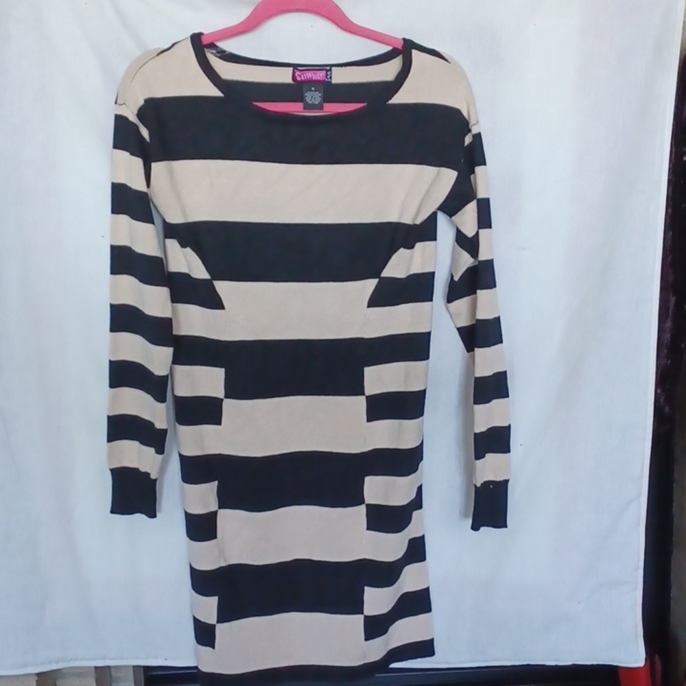Say What Tan and Black stripe long sleeve dress M